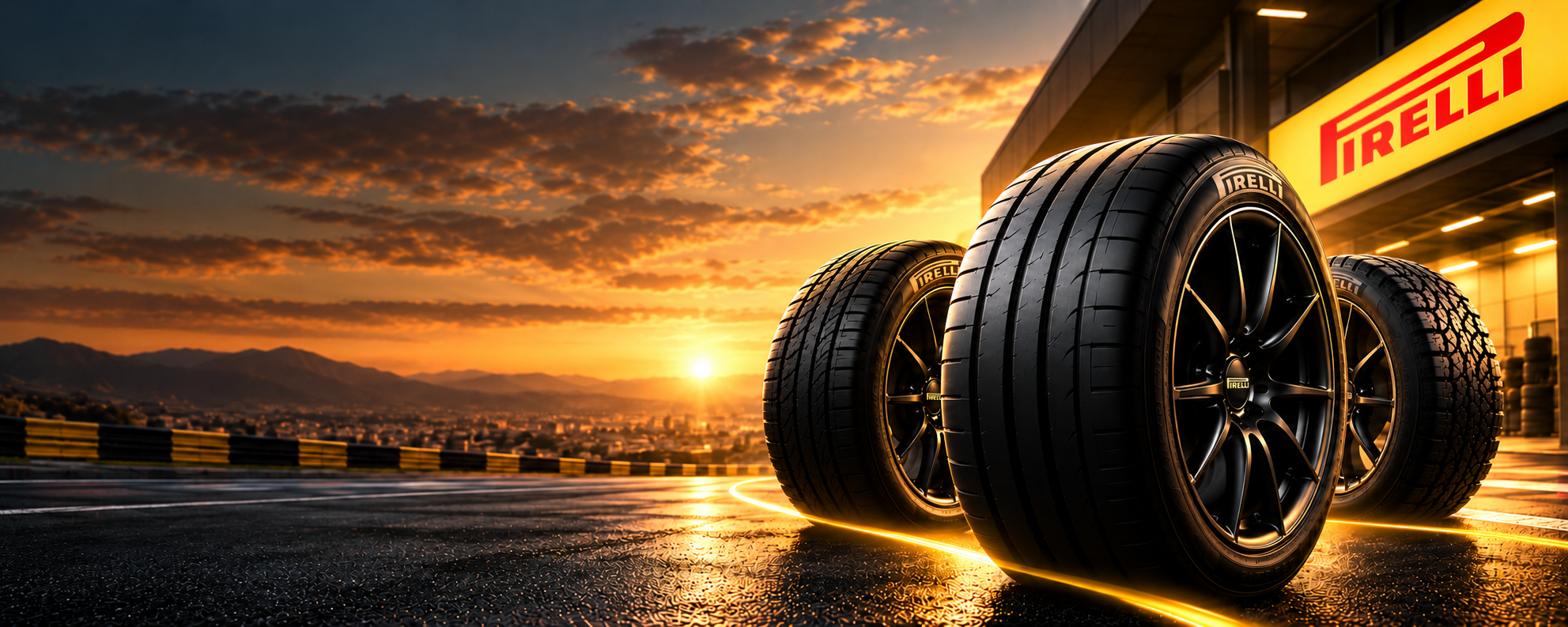 Roda de Prêmios Pirelli: pneus sobre o asfalto molhado de um circuito ao pôr do sol